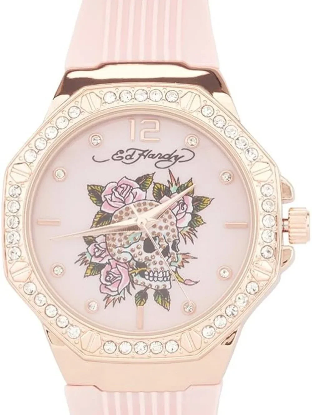 Ed Hardy Ladies Pink Silicone Strap Watch Rose Gold Tone Skull Analog Quartz